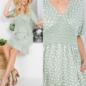 Perfect Peach Mini Smock Dress in Sage Green Dot